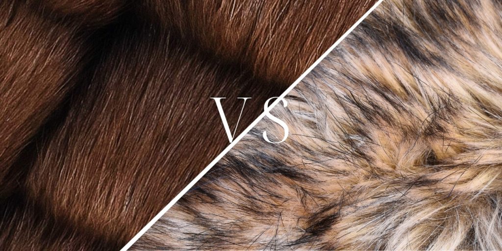 a close up of real natural fur and faux fur and a the letters "VS" for versus in between