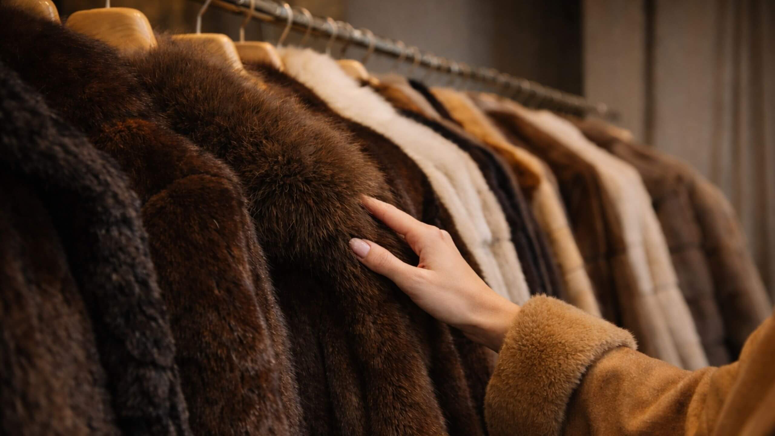 A woman’s hand selecting a luxury fur coat from a rack, highlighting modern fur styling and refined elegance