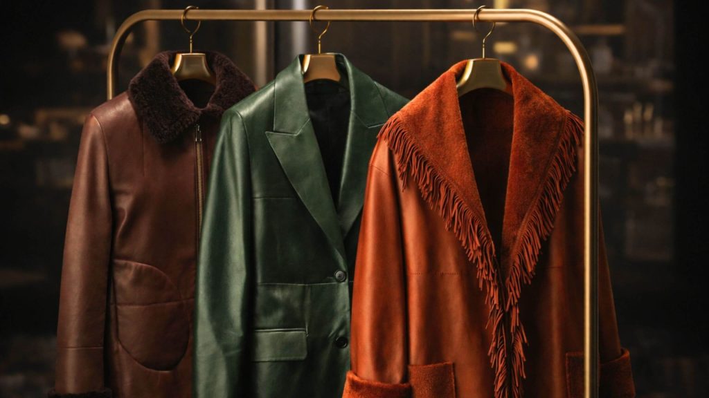 Luxury leather jackets displayed on a hanger, showcasing different styles, fits, and craftsmanship for choosing the perfect leather jacket.