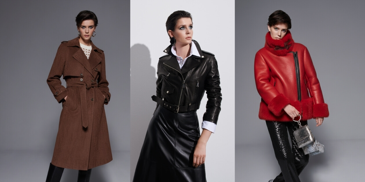 Koç Leather & Fur women’s collection featuring a brown trench coat, a black leather biker jacket, and a red shearling coat, timeless outerwear elegance.