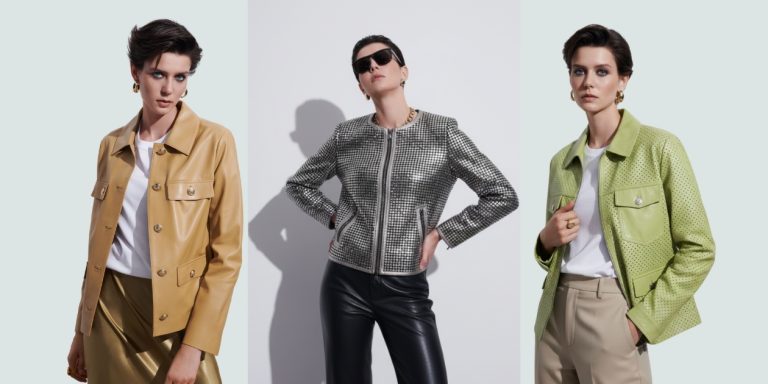 Three women wearing luxury leather jackets in beige, metallic, and green tones — Koç Leather & Fur, Istanbul.