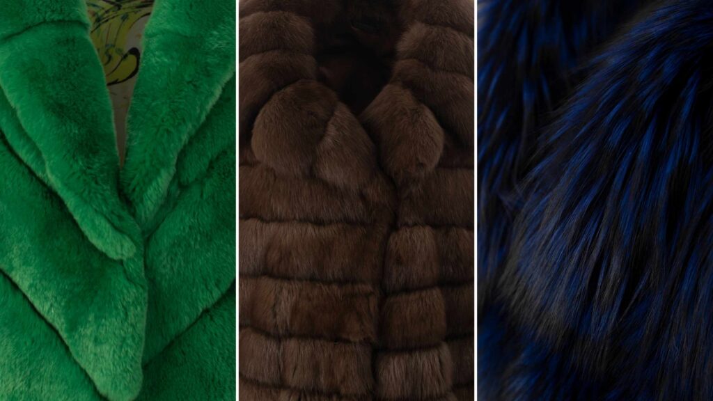 Close-up view of luxury fur coat textures in green, brown, and deep blue tones, highlighting genuine fur quality and craftsmanship in Istanbul