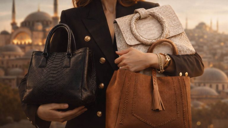 Luxury leather bags in Istanbul showcased in an elegant editorial setting, highlighting timeless investment handbags