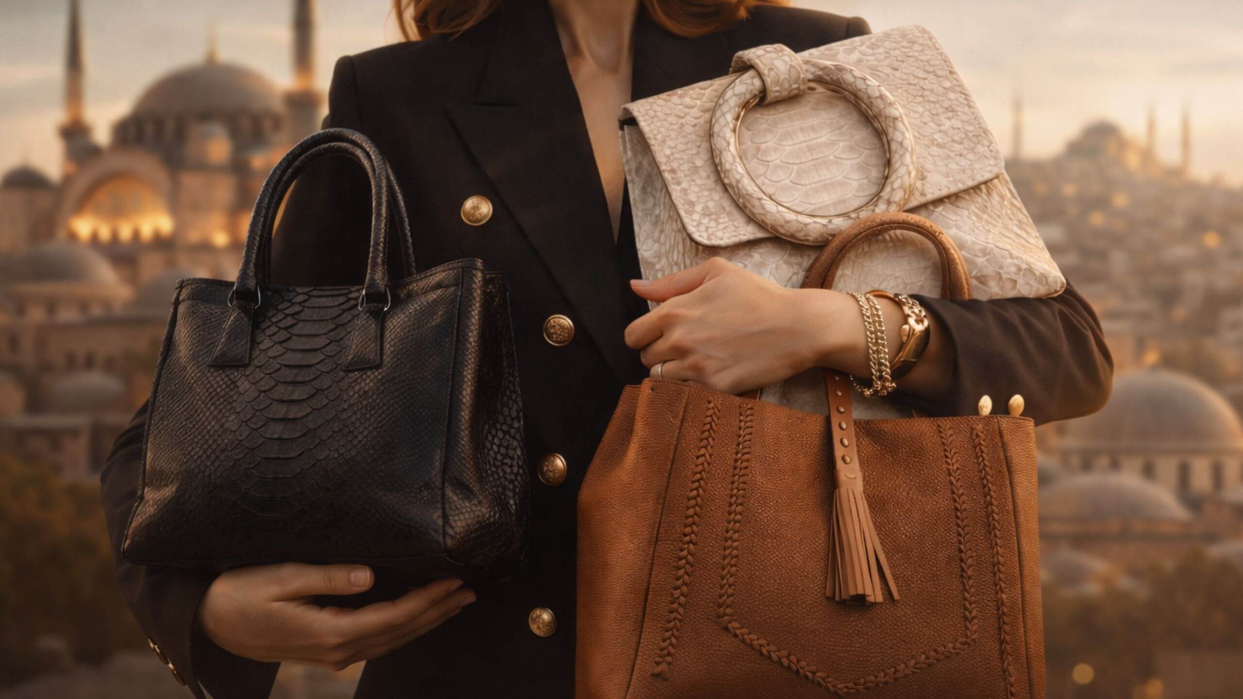 Luxury leather bags in Istanbul showcased in an elegant editorial setting, highlighting timeless investment handbags