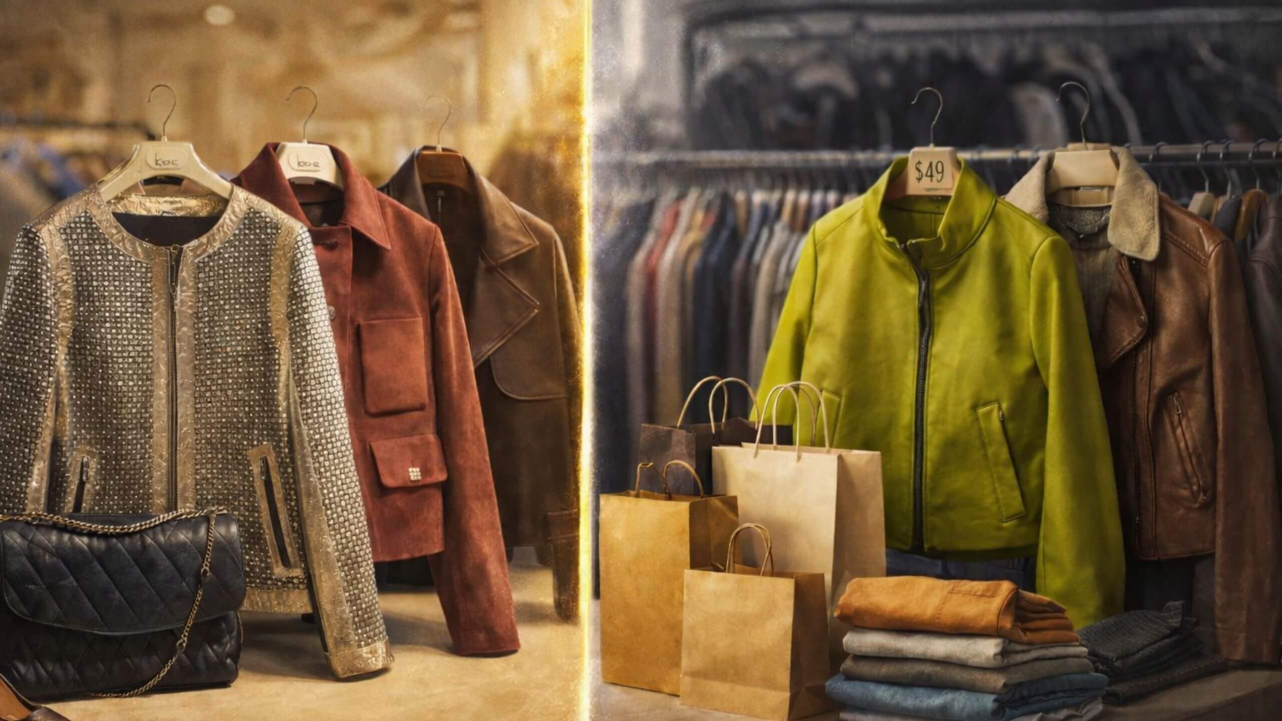 Luxury leather jackets compared with fast fashion alternatives, highlighting craftsmanship, material quality, and long-term value