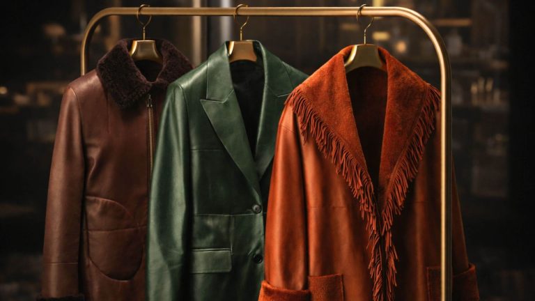 Askıda sergilenen lüks deri ceket modelleri, stil, kalıp ve kaliteye göre deri ceket seçimini anlatan kapsamlı rehber görseli.